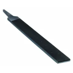 Rectangular hand file with double-cut bastard teeth for rapid material removal. Measures 8 in length without tang, 13/16 in width, and 11/64 in thickness. Features three cut edges and a black oxide finish. Suitable for shaping, deburring, and smoothing flat surfaces on metal, wood, and plastic.