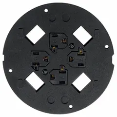 This round floor subplate is a flush-mount cover for electrical floor boxes. Constructed of cast aluminum with a smooth black finish, it provides a low-profile access point for power or data connections in commercial and industrial flooring applications.
