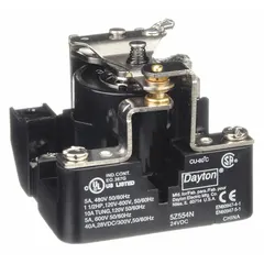 Surface-mounted relay from the Dayton Power Series with a 24V DC coil, SPDT contact configuration, and 5 terminals. Features screw clamp electrical connections for secure wiring. Suitable for switching loads in industrial control panels, automation systems, and HVAC equipment.