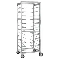 This full-size utility rack accommodates 18 x 26 in pans across 13 stepped-angle shelves spaced 4 1/2 in apart. Constructed of gray aluminum with a 250 lb capacity, it is NSF certified for commercial foodservice storage and transport. Dimensions: 25 3/8 in W x 25 in D x 69 3/4 in H.