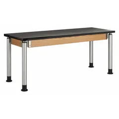 This adjustable-height lab table features a black ChemGuard laminate countertop that resists chemicals and stains. The height adjusts from 26-1/4 to 41 inches, and the table supports up to 500 lb. Suitable for educational, research, and industrial laboratory environments where a durable, adjustable work surface is required.