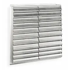 This wall-mount backdraft damper is designed to prevent reverse airflow in ventilation systems. It features a double-panel flat blade construction, mounts vertically, and handles horizontal airflow up to 2500 fpm. Suitable for commercial or industrial applications where one-way airflow is required.