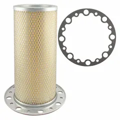 Round/oval engine air filter with axial seal. Outside diameter 6 1/4 in. Removes airborne contaminants from engine intake air. Compatible with Caterpillar vehicles.