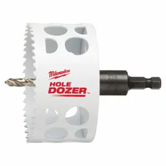 Bi-metal hole saw with attached arbor for cutting wood, metal, and plastic. Features 3/5 teeth per inch and a maximum cutting depth of 1-5/8 in. Suitable for general construction, electrical, and plumbing applications requiring a 3-1/2 in diameter hole.