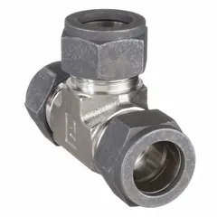 This single-ferrule stainless steel tee fitting connects three 3/4 in OD tubes in instrumentation, hydraulic, and pneumatic systems. It provides leak-free sealing in high-pressure fluid or gas lines. Compatible with CPI™ fitting brands.