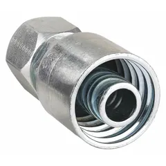 Steel straight hydraulic crimp fitting with JIC female x genderless connection. Thread size 3/4"-16, for -6 hose dash size. Used in fluid power systems for connecting hoses in hydraulic circuits.