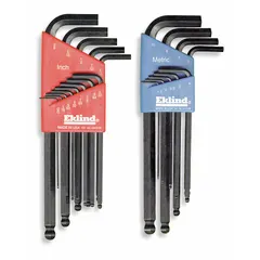 This L-shaped hex key set includes 16 or more pieces with a ball-hex-L long design, single ball end, and black oxide finish. It offers both metric and SAE sizes for tightening or loosening hex socket screws and bolts in industrial maintenance, assembly, and repair applications. The ball-end design allows angled access up to 25 degrees for hard-to-reach fasteners.