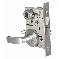 This BEST passage lever lockset (ANSI F32) is designed for interior doors where locking is not required, such as hallways or closets. It features a satin chromium-plated stainless steel finish, a 45H escutcheon style, and an interchangeable core. The lockset is ADA compliant for barrier-free access.