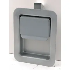 Steel paddle latch with a silver finish, designed for securing truck boxes. Includes keys. Overall height of 5 1/2 inches. Suitable for vehicle storage applications where a paddle-style latch is required.