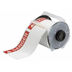 White polyester label roll with pre-cut DANGER header labels, each 4 in x 6 in, on a 6 1/4 in x 50 ft roll. Designed for use with GlobalMark printer series to produce on-demand safety signage for marking hazardous areas, equipment, and access points.