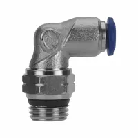 Nickel-plated brass push-to-connect tube fitting for connecting 1/8 in OD tubing to 1/4 in pipe thread. Blue/silver color, 27 mm overall length. Used in pneumatic and fluid systems for quick, leak-free connections