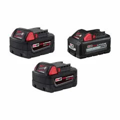 This kit includes two 5 Ah and one 6 Ah M18 batteries, all 18V DC, for powering cordless tools in construction, maintenance, and industrial settings. Compatible with the full M18 platform, it provides extended runtime for high-drain equipment such as drills, saws, and impact wrenches.