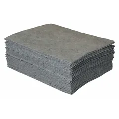 Polypropylene sorbent pad for absorbing industrial spills and leaks. Each pad absorbs 33 5/8 oz. Sold in a 50-pack, not perforated. Suitable for maintenance, machining, and fluid-handling areas.