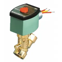 This 2-way, 2-position normally closed solenoid valve features a compact brass body and a watertight coil enclosure. It operates at 120V AC with a 1/2 inch pipe size. Suitable for on/off control of water, air, and light oil in industrial fluid handling systems.