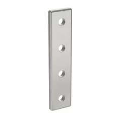 This anodized aluminum plate connector measures 78 mm x 18 mm x 4 mm and features four holes for joining structural profiles in 20 Series framing systems. Designed for 5 mm slot width, it provides a rigid, flush connection between profile ends. Commonly used in industrial machine guards, workstations, and conveyor structures.