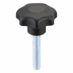This 7-arm knob features a plastic body with a steel threaded stud, M10 thread, 50 mm diameter, and 50 mm thread length. Designed for manual adjustment and clamping in industrial machinery, jigs, and fixtures, its multi-arm design provides a secure grip for frequent hand-tightening operations without tools.