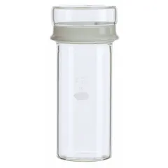 Colorless glass weighing bottle with a narrow mouth and included cap closure. Capacity 12 mL, cap diameter 52 mm. Conforms to ASTM/USP standards. Used for precise weighing of solid or liquid samples in analytical and general laboratory applications.