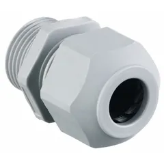 Straight nylon cable grip with M32 box connection, accepting cord diameters from 0.59 to 1.00 in. Gray nylon body, IP66 rated for water and dust ingress. Suitable for Class III, Division 1 and 2 hazardous locations such as textile mills and woodworking areas. Measures 1 3/8 in from box to end of connector.