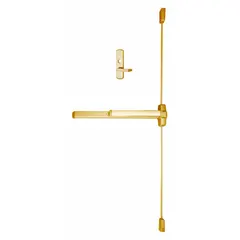 This surface-mounted vertical rod exit device features a touchbar and lever trim, constructed in bronze. Designed for doors up to 4 ft wide, it is configured for right-hand reverse swing. Typical applications include commercial buildings requiring code-compliant emergency egress.