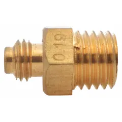 Replacement pilot nozzle for HVACR gas-fired equipment. Directs a controlled gas flame for ignition of main burners in furnaces, boilers, and process heaters. Ensures proper burner sequencing and safety.