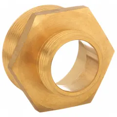 This brass rigid adapter connects NPT threaded pipe to NH fire hose threads, transitioning between 2-1/2 in and 1-1/2 in sizes. It is used in fire hydrant and standpipe systems to adapt standard plumbing connections to fire hose couplings.