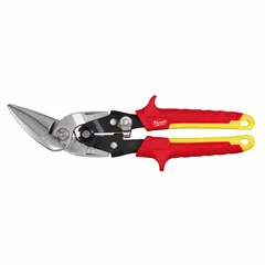 Straight-cut aviation snip with 10-inch overall length and 2-inch cutting length. Steel body with TPR handles for grip. Used for cutting sheet metal in HVAC, metal fabrication, and construction applications.