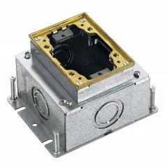 Rectangular steel floor box designed for in-floor electrical installations in commercial concrete slabs. Accepts (4) conduit sizes from 3/4 in to 1-1/4 in. Includes a cover for flush mounting. Suitable for providing power, data, or communication connections in offices, retail spaces, and industrial facilities.