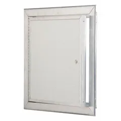 This latching access door measures 48 inches wide by 60 inches high, with a piano hinge and exposed flange. Constructed from aluminum and steel in 26 ga, it is designed for ceiling mounting. Suitable for providing secure access to overhead equipment or ductwork in commercial or industrial settings.