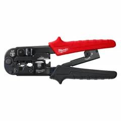 This non-insulated crimper is designed for terminating RJ11, RJ12, RJ22, and RJ45 connectors on STP/UTP and telephone cable. It combines crimping and stripping functions with a stripping nest for quicker terminations. Overall length is 3 3/8 in.