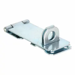 This steel hinged hasp provides a secure closure point for padlocks on truck boxes. It is used to secure storage compartments in commercial vehicles, protecting tools and equipment during transport. The silver finish resists corrosion. Overall height 1 1/4 in, width 1 15/32 in.