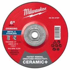 This MILWAUKEE grinding wheel is a Type 27 depressed-center wheel with a 6" diameter, 1/4" thickness, and 5/8"-11 arbor. It features ceramic grain and 24 grit for cool cutting on carbon and stainless steel, reducing heat buildup during use. Suitable for weld grinding, beveling, and surface preparation in metal fabrication and maintenance tasks.