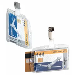 Plastic badge clip for horizontal or vertical orientation, supplied in a 25-pack. Each clear pouch measures 4 inches wide by 2 13/16 inches high, accommodating standard badges via a pouch attachment. Suitable for displaying ID badges, access cards, or name tags in offices and industrial settings.