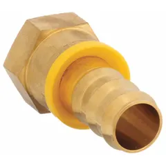 This brass push-on hose fitting connects hoses to inverted flare ports in air, water, and chemical systems. The male hose barb end secures onto hose, while the female inverted flare end provides a leak-resistant seal. Suitable for industrial fluid and pneumatic applications.
