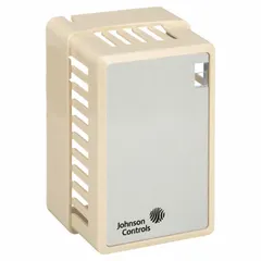 Beige plastic cover for Johnson Controls T-4000 series pneumatic thermostats. Includes a setpoint window and logo. Designed for vertical mounting in commercial HVAC systems to protect the thermostat while allowing setpoint visibility.