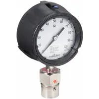Dial pressure gauge with a 4 1/2 in dial, 0-100 psi range, ±1.00% accuracy, and bottom connection. Features a Hastelloy C-276 seal lower housing, Halocarbon seal fill liquid, and stainless steel wetted parts. Suitable for measuring pressure in corrosive or high-purity processes where media compatibility is critical