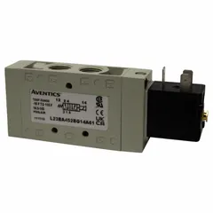 This AVENTICS L2 series directional control valve is a single-solenoid, four-way, two-position valve with spring return, operating on 24V DC. It is used to control the direction of compressed air flow in pneumatic systems, such as actuating cylinders or other actuators in industrial automation.