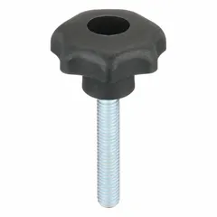 This 7-arm knob features a 40 mm diameter plastic body with a steel threaded stud. The M8 thread has a 45 mm length. It is used as a manual adjustment or clamping handle on industrial machinery, jigs, and fixtures.
