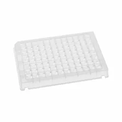 96-well plate made of colorless polystyrene with square wells. Each well has a 0.2 mL capacity and 8.2 mm diameter. RNase/DNase free for molecular biology applications such as sample storage, PCR setup, and high-throughput screening.