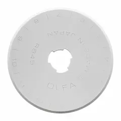Tungsten rotary cutter blade with 45 mm diameter and 0.3 mm thickness. Suitable for cutting fabric, leather, paper, and other sheet materials. Pack of 10 blades for consistent sharpness in textile and crafting tasks.