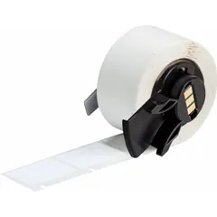 Thermal transfer precut label roll with removable rubber adhesive. Each roll contains 250 labels measuring 1 1/4 in x 1 in. Compatible with BMP61 printer series. Suitable for temporary identification in industrial environments where labels need to be removed cleanly without residue.