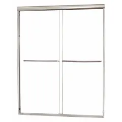 This double-sliding shower door features clear tempered glass for a clean look in residential bathrooms. It fits openings with a minimum width of 42 inches and a maximum width of 46 inches, with an overall height of 65 inches. The sliding design allows easy access without swinging into the bathroom space.