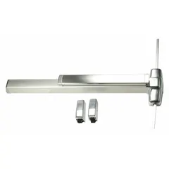 This surface vertical rod push bar is constructed of aluminum and designed for doors up to 3 ft wide. It features a touchbar and night latch for secure egress actuation. Suitable for commercial and industrial door applications requiring code-compliant exit hardware.