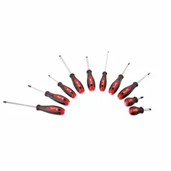 This 10-piece screwdriver set features magnetized 1/4-inch tips for secure screw holding. Each tool is tether-ready for fall-arrest applications when working at height. Overall length is 13 3/4 inches. Suitable for general-purpose fastening tasks in maintenance, construction, and assembly.
