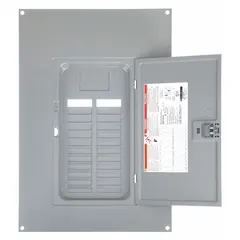 Type 1 non-vented load center cover with door for surface mounting on QO124M125P enclosure box. Accommodates 24 spaces, rated 125 A. NEMA 1 rated for indoor use. Dimensions: 14.25 in width, 20.18 in length.