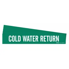 Green adhesive pipe marker with white legend text reading 'Cold Water Return'. Designed for pipe outer diameters of 8 inches and larger. Pack of 5 markers without arrows. Used to identify cold water return piping in industrial facilities.