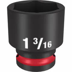 This 1/2" drive impact socket features a 1-3/16 in SAE hex size with a 6-point design. It is intended for use with impact tools to fasten or loosen hex fasteners in high-torque applications such as automotive repair and industrial assembly.