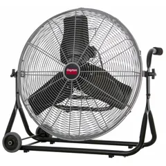 This Dayton non-oscillating floor fan is designed for home and office use. It features a 24-inch aluminum blade, a single-phase 120V AC motor, and three selectable speeds. The fan measures 29 inches in height and 30 inches in width, suitable for general air circulation in medium-sized rooms.