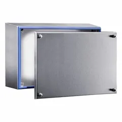 This 304 stainless steel enclosure measures 12 x 16 x 5 inches with a solid cover and screw closure. Rated NEMA 1/12/13/3/3X/4/4X, it is suitable for indoor and outdoor applications requiring protection against corrosion, dust, and water. No knockouts are included.