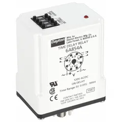 This socket-mounted time delay relay provides an on-delay function, operating at 12V DC with a 10 A contact rating. It features 8 pins/terminals for connection. Typical applications include motor start sequencing, conveyor systems, and HVAC controls where a timed delay before activation is required.