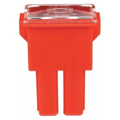 Female fast-acting cartridge fuse rated 50 A at 32 V DC. Red body, part of the FLF series. Used for overcurrent protection in automotive electrical systems, such as in vehicles and marine applications, where quick response to short circuits and overloads is required.